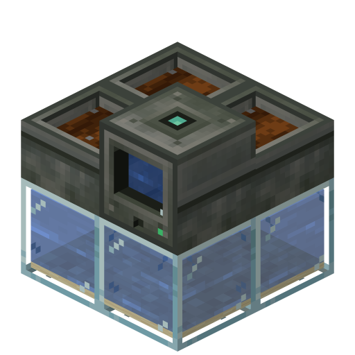 A formed Ecotone: the controller and three planter beds on top, a glass tank of water below